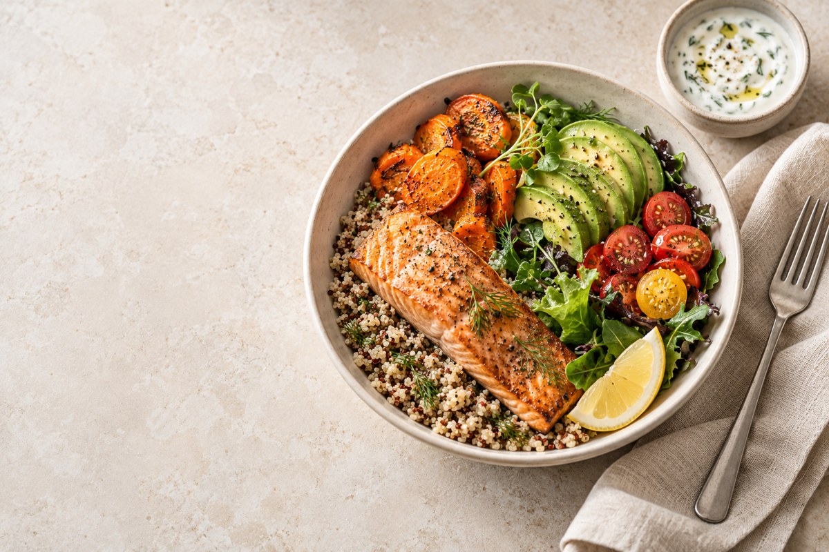 A colourful bowl with salmon, quinoa, avocado and vegetables
