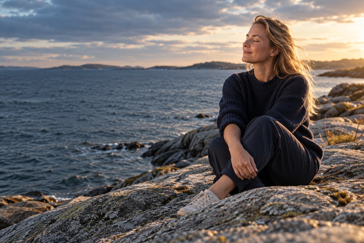 A woman taking a quiet moment on rocks beside the sea at sunset